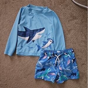 Carter's Shark Rash Guard Swim Trunks Set Boys 3T Blue Long Sleeve UPF Swimwear